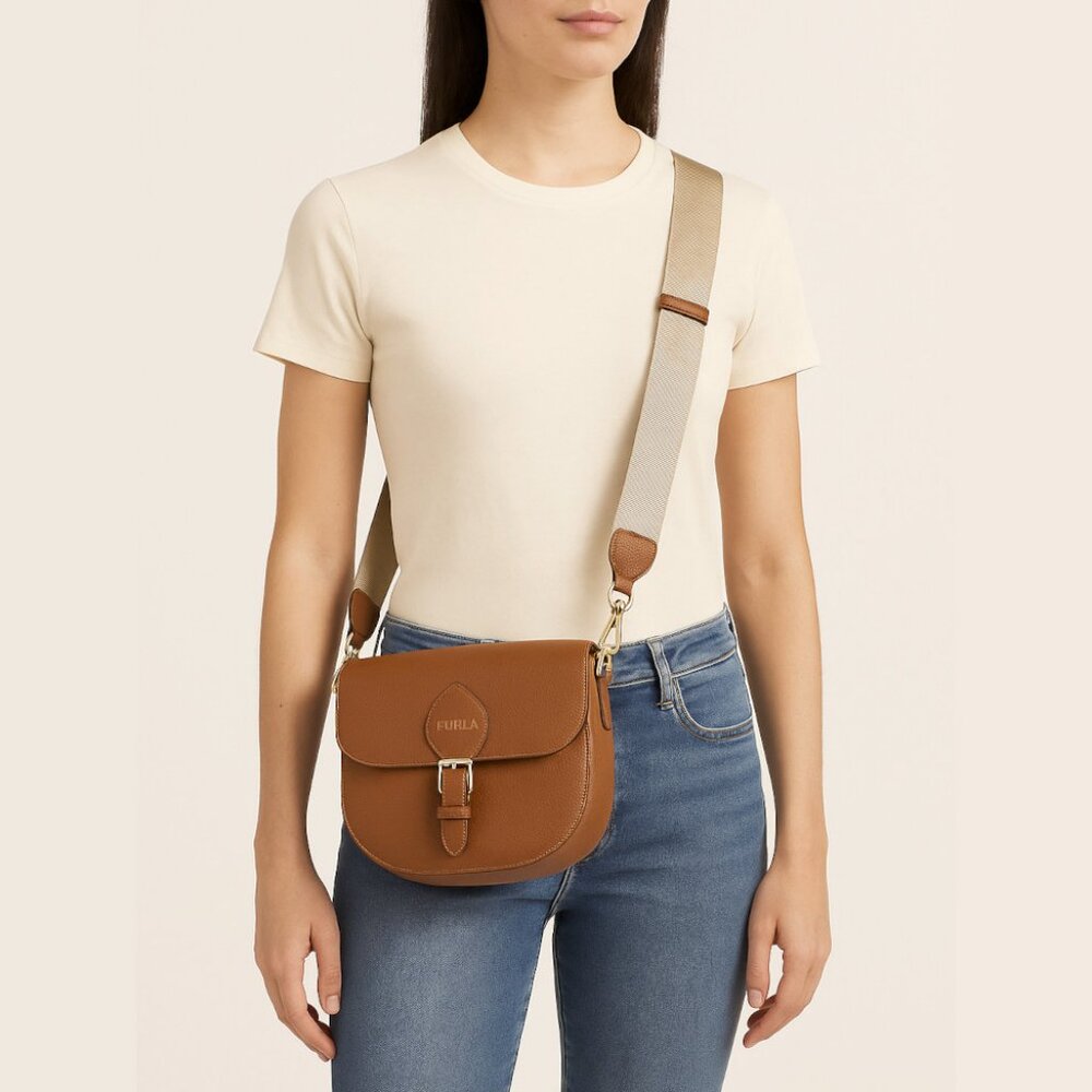 Furla Urania Pebbled Leather Crossbody Bag Cognac EUX - Picture 3 of 8